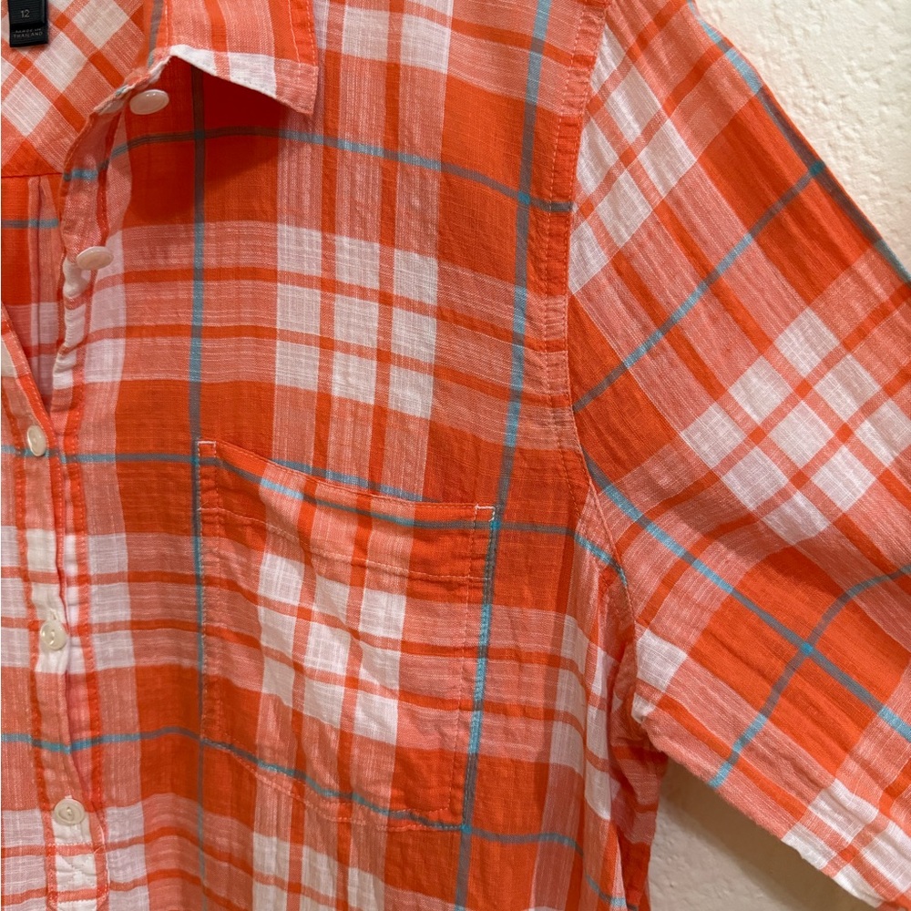J. Crew Women Gauzy Popover Button Down in Orange Plaid Shirt Size 12 - Picture 4 of 13